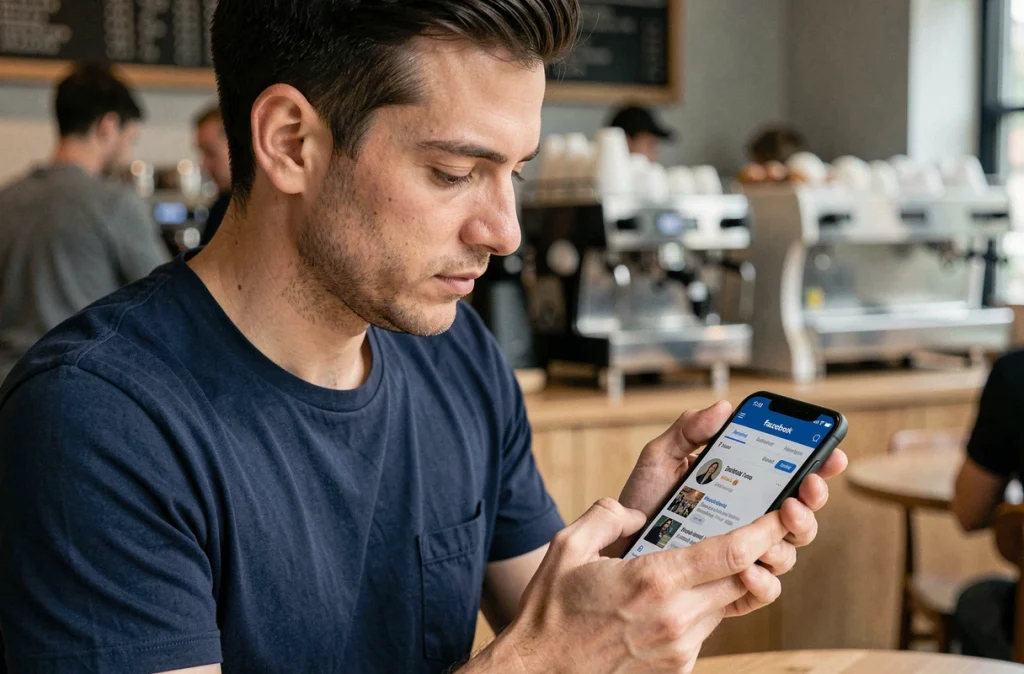 Homme consultant Facebook sur smartphone pour retrouver un profil bloqué dans un café urbain