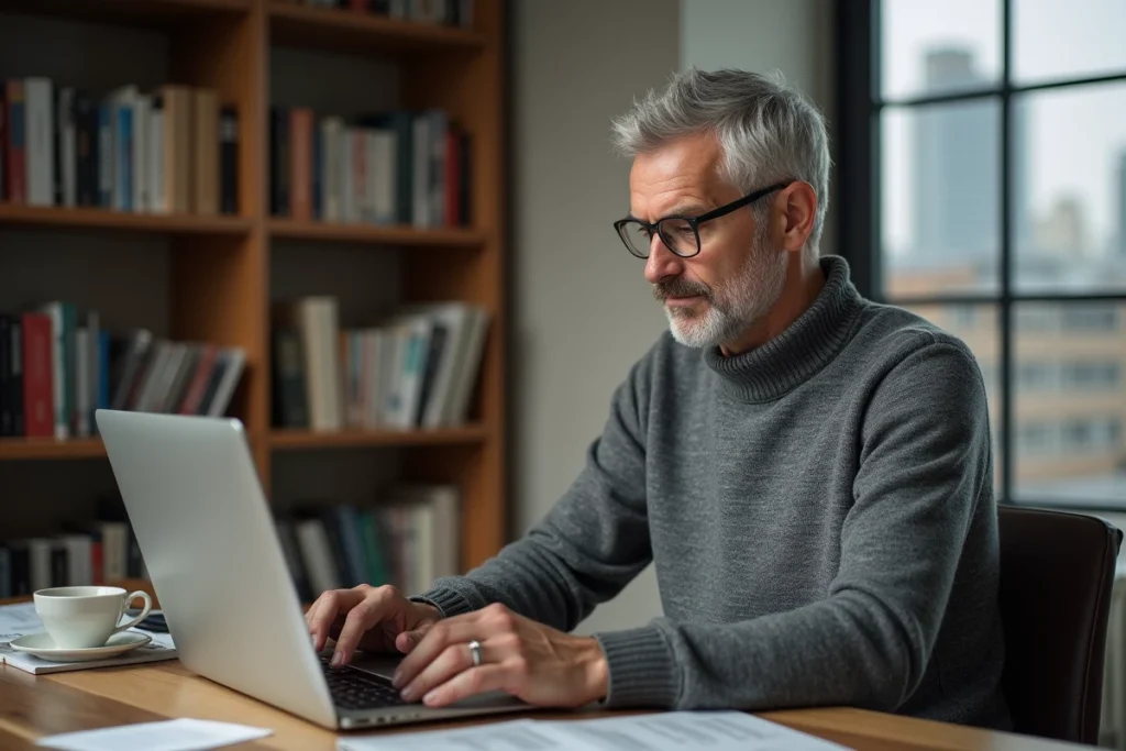 Homme d'âge moyen lisant les dernières actualités et tendances sur un ordinateur portable dans un bureau à domicile