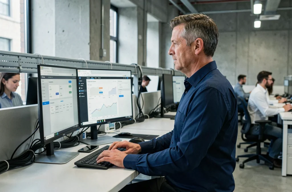 Homme en open space utilisant des logiciels informatiques sur double écran pour optimiser son expérience web professionnelle