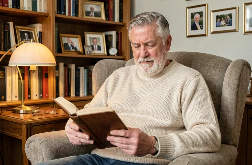 Homme retraité lisant tranquillement un livre dans son salon bibliothèque confortable