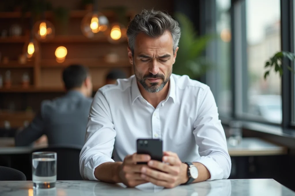 Homme lisant un email sur son smartphone pour joindre le service client Cetelem concernant un crédit
