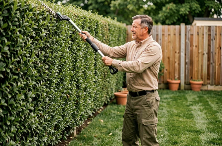Homme utilisant un taille-haie télescopique pour tailler une haute haie dans un jardin verdoyant