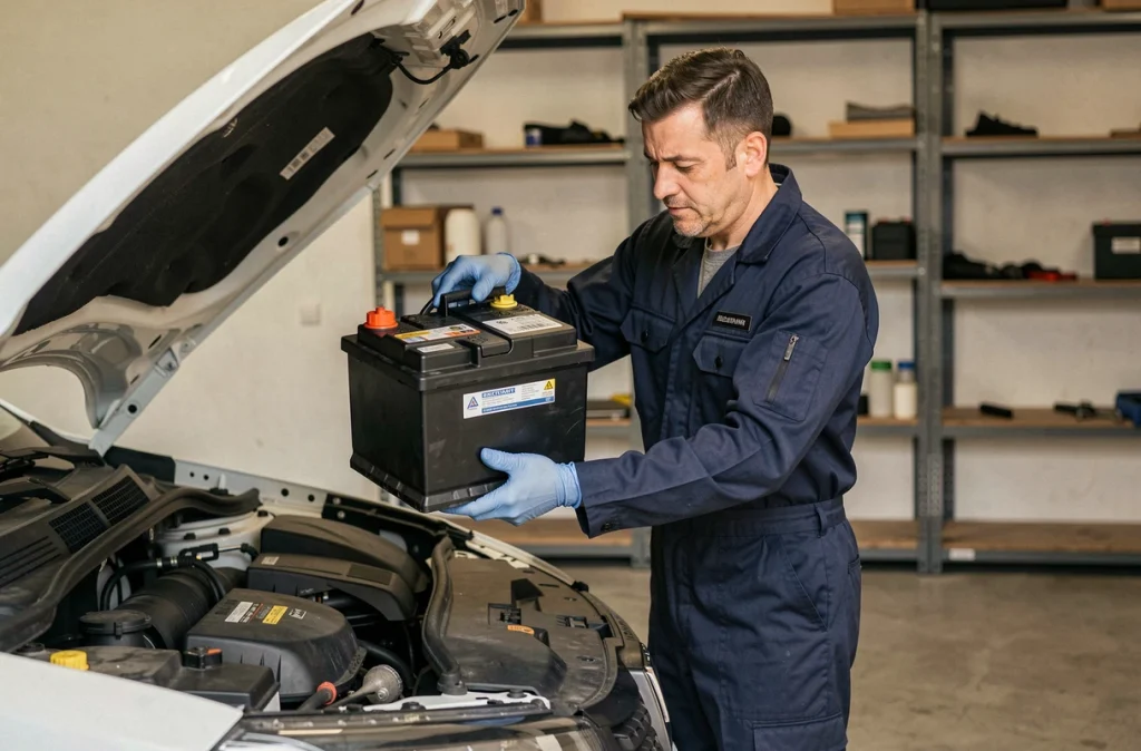 Mécanicien installant une batterie neuve dans le compartiment moteur d'une Dacia Jogger blanche dans un garage résidentiel