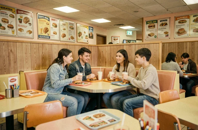 Intérieur rétro d'un fast-food français des années 80 avec une famille attablée, décor vintage pastel et plateaux à logo, ambiance nostalgique