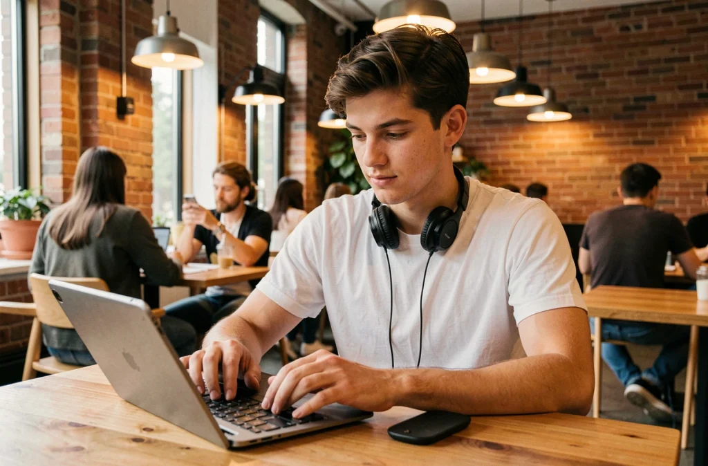 Jeune adulte utilisant une tablette et des applications web dans un café coworking moderne et créatif