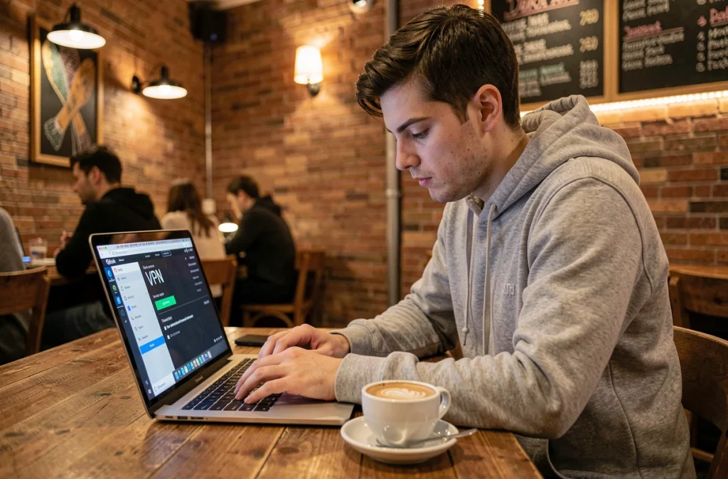 Jeune homme utilisant un VPN sur son ordinateur portable dans un café public pour sécuriser sa connexion Internet
