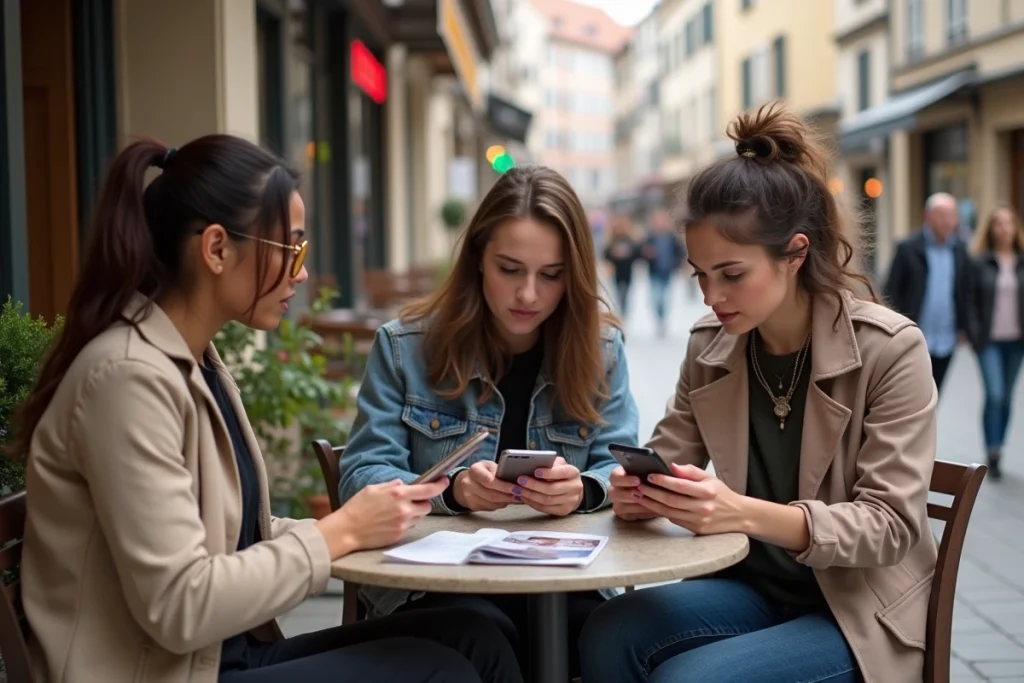 Groupe de jeunes adultes consultant les dernières tendances et actualités sur leurs smartphones dans un café en plein air