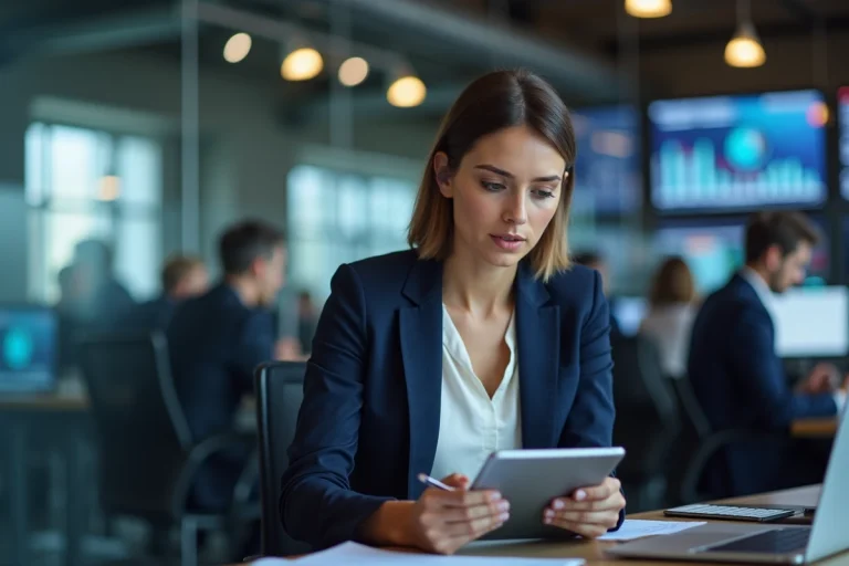 Journaliste professionnelle dans une salle de rédaction moderne consultant des actualités sur tablette entourée d'écrans d'information