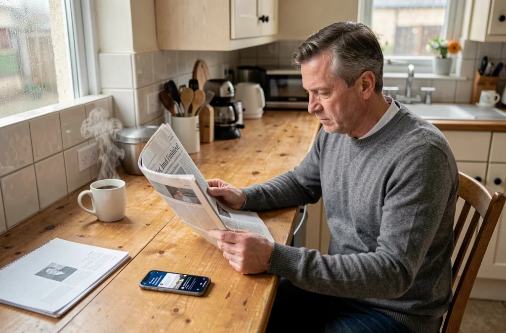 Homme lisant le journal et consultant les actualités sur smartphone à la table de sa cuisine