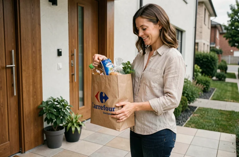 Femme recevant une livraison de courses Carrefour à domicile et vérifiant le contenu de son sac à l'entrée de sa maison