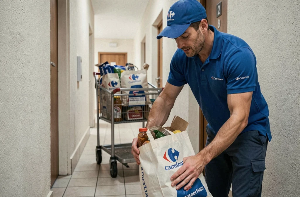 Livreur Carrefour en uniforme déposant soigneusement des sacs de courses devant une porte d'appartement en ville