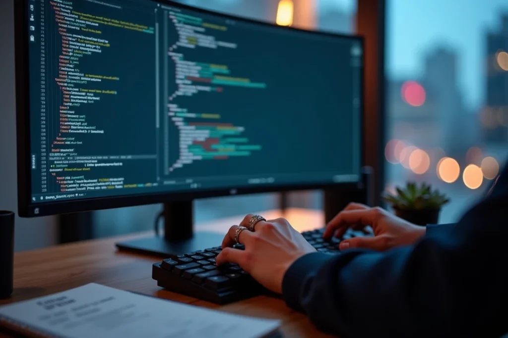 Mains tapant du code XML de sitemap sur un clavier avec un éditeur de code affiché sur un grand écran