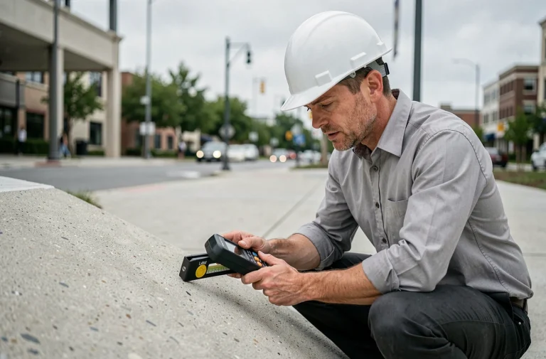 Ingénieur civil mesurant la pente d'une rampe d'accès en béton avec un inclinomètre numérique