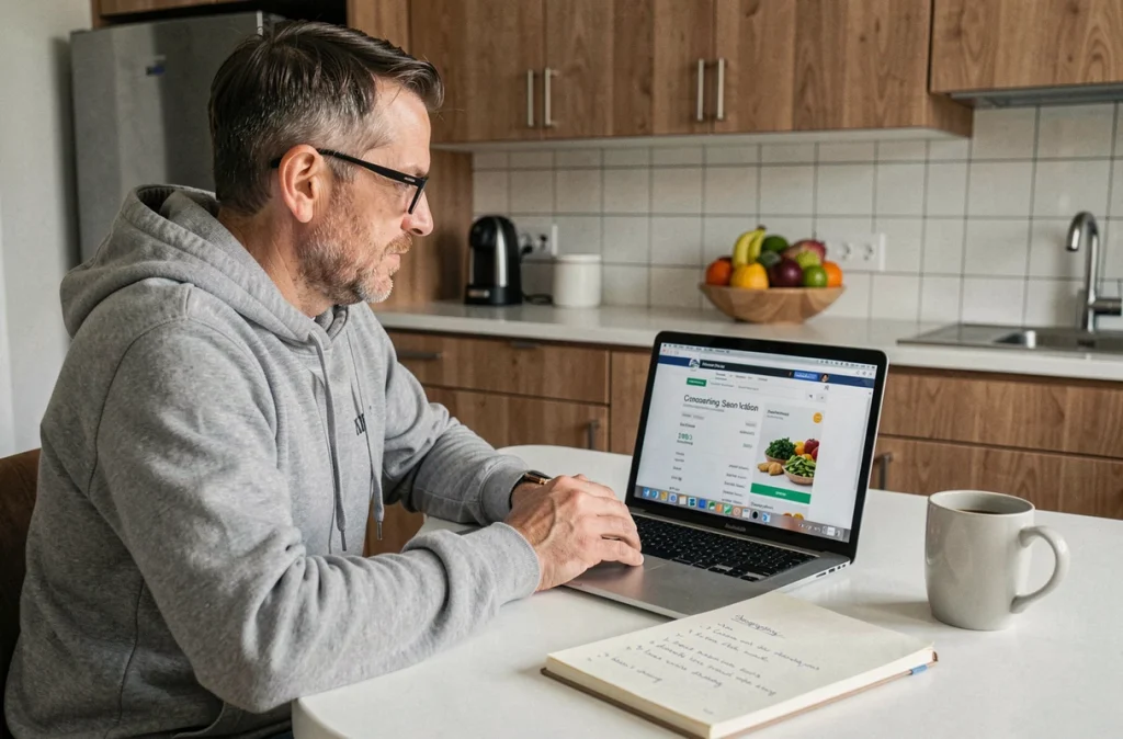 Homme planifiant sa commande de livraison de courses Carrefour en ligne depuis sa cuisine avec une liste manuscrite
