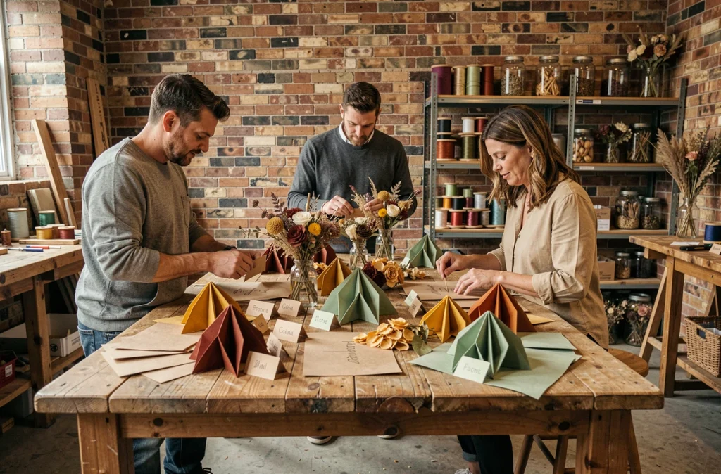 Adultes préparant des décorations d'anniversaire faites main autour d'une table en bois dans un atelier au style industriel