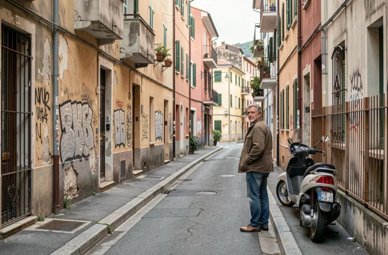 Rue urbaine dégradée dans un quartier de Nice avec façades vieillissantes et graffitis, illustrant les zones sensibles de la ville