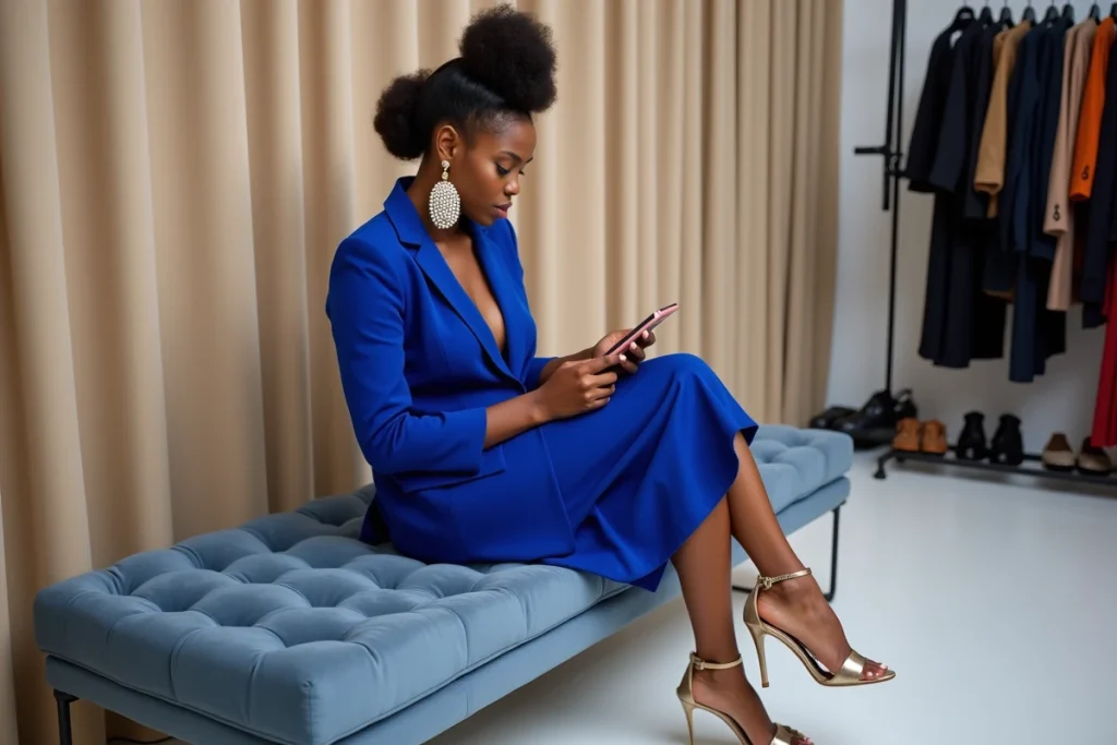 Femme stylée en robe blazer cobalt avec accessoires tendance lors d'un événement mode