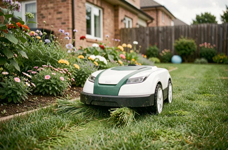Robot tondeuse autonome en action sur une pelouse de jardin pavillonnaire bien entretenue