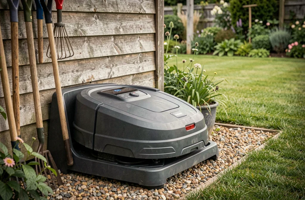 Robot tondeuse sur sa station de charge installée dans un jardin avec cabanon en bois