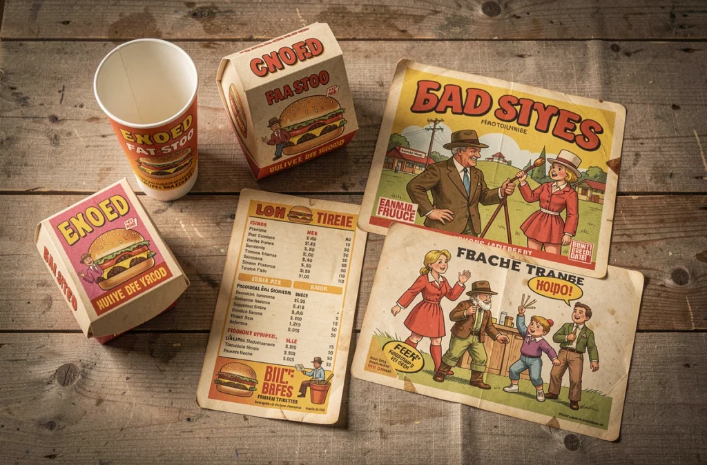Collection de souvenirs vintage de chaînes de fast-food françaises des années 90 — gobelets, boîtes, jouets promotionnels et menus rétro posés sur une table en bois