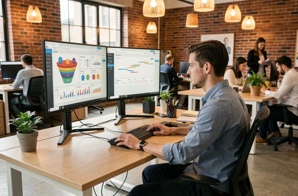 Professionnel du marketing analysant des données CRM et des entonnoirs de conversion sur un ordinateur dans un bureau moderne en open space