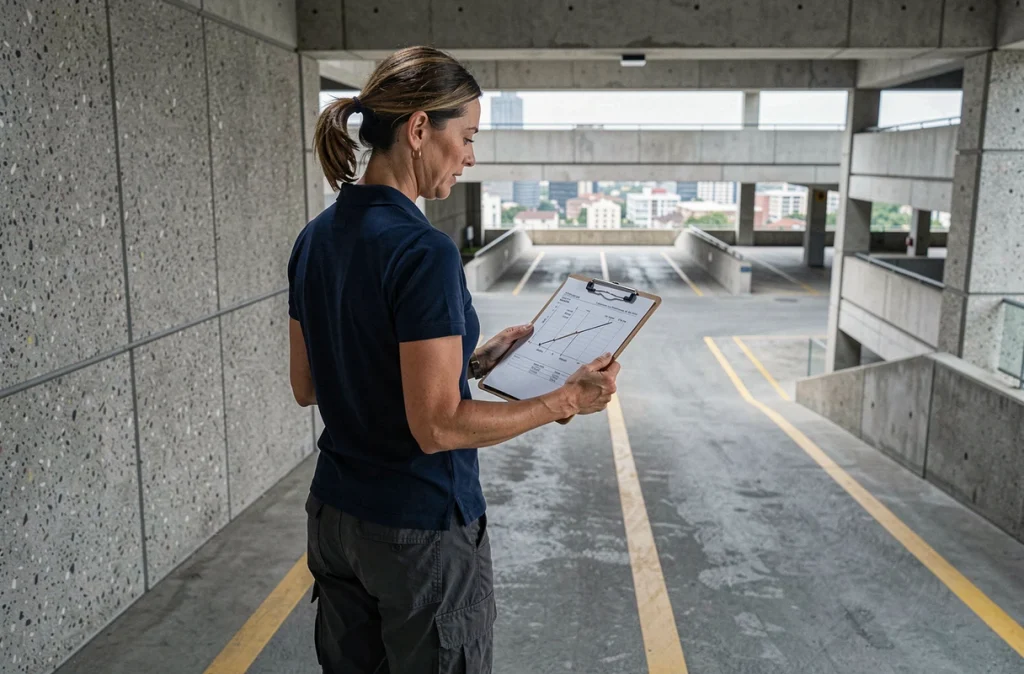 Femme technicienne évaluant la pente d'une rampe de parking en béton avec une fiche de calcul