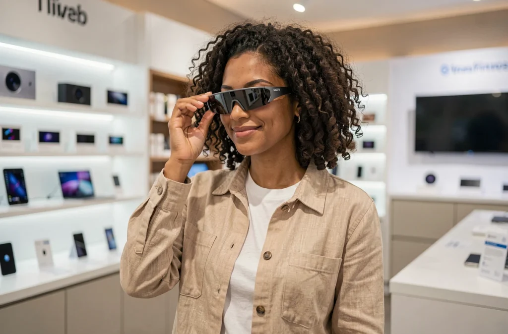 Femme essayant des lunettes de réalité augmentée dans un magasin d'électronique moderne aux rayons épurés