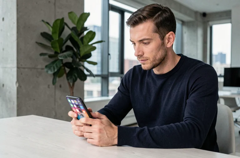 Homme en pull marine utilisant un smartphone pliable à son bureau en bois dans un bureau minimaliste moderne