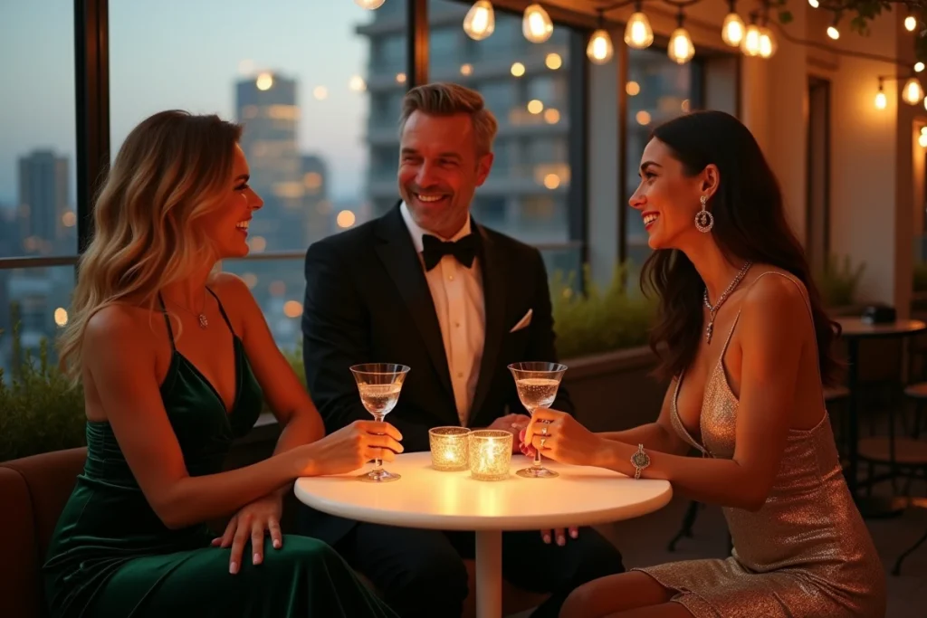 Groupe d'amis en tenues de soirée tendance lors d'un cocktail sur rooftop urbain