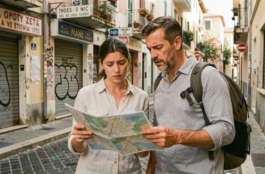 Couple de touristes consultant une carte dans un quartier défavorisé de Nice, cherchant leur chemin en sécurité