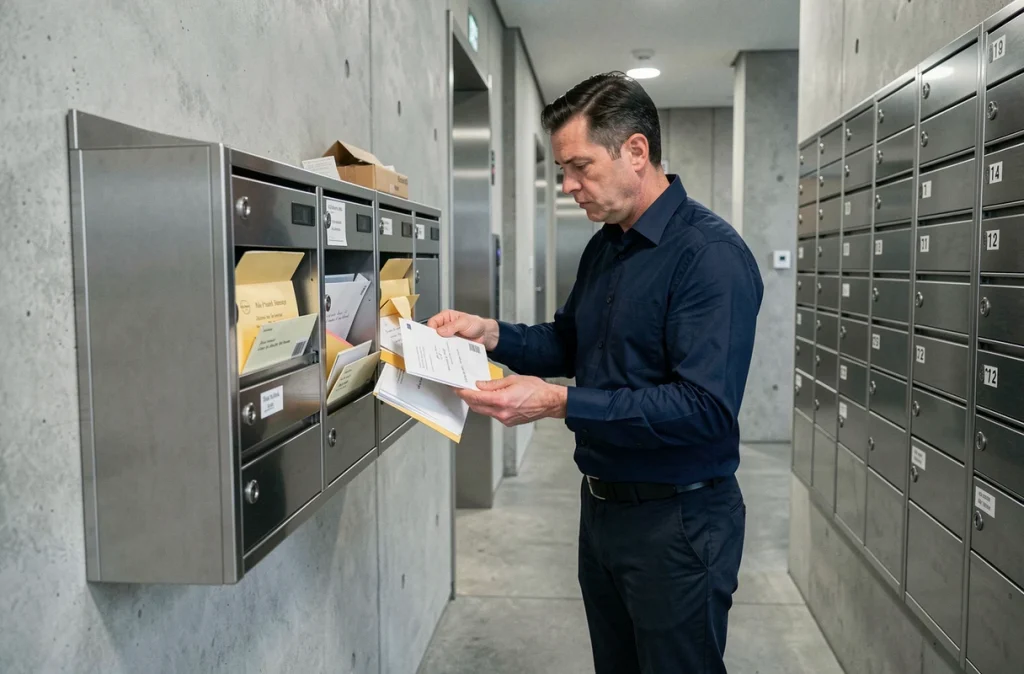 Homme triant du courrier d'un ancien locataire dans un hall d'immeuble
