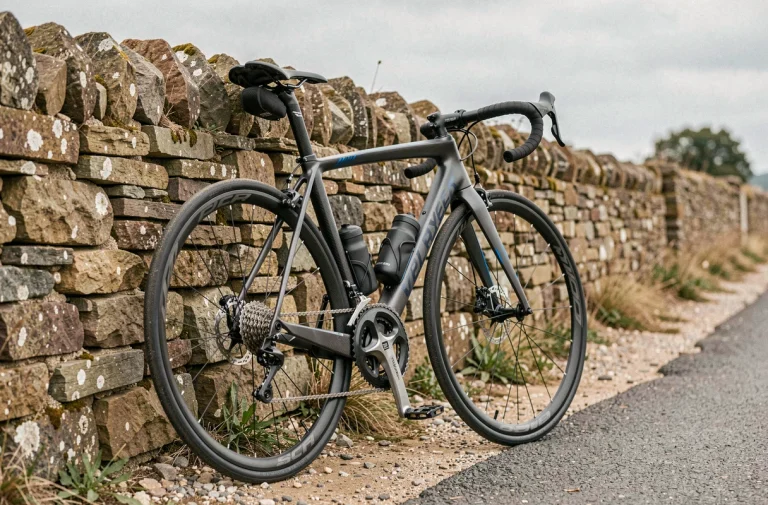 Vélo de route Van Rysel RCR avec groupe SRAM appuyé contre un mur en pierre en bord de route rurale