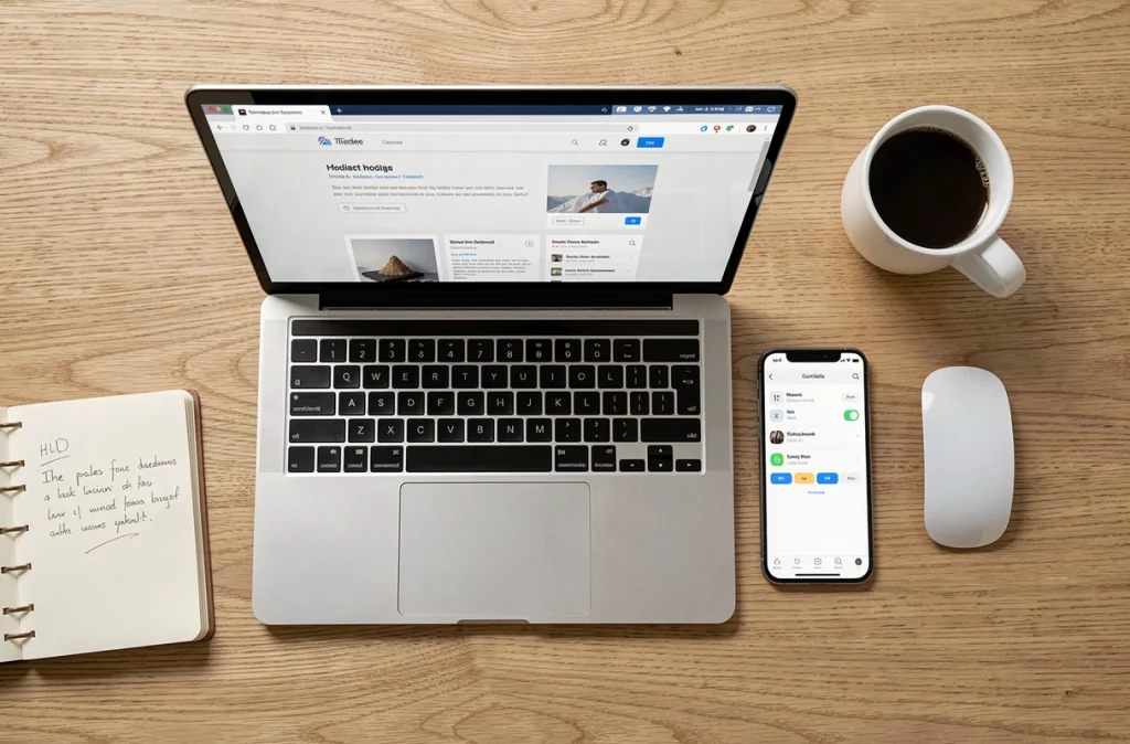 Vue aérienne d'un bureau organisé avec ordinateur portable, smartphone et accessoires pour une expérience web simplifiée