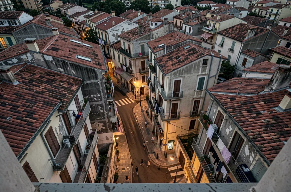 Vue aérienne d'un quartier dense et vieillissant de Nice au crépuscule, illustrant les zones urbaines sensibles de la ville