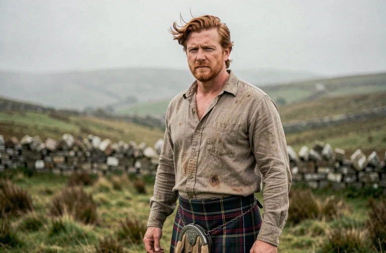 Acteur en costume écossais traditionnel avec kilt tartan dans les landes brumeuses des Highlands, portrait 3/4 réaliste