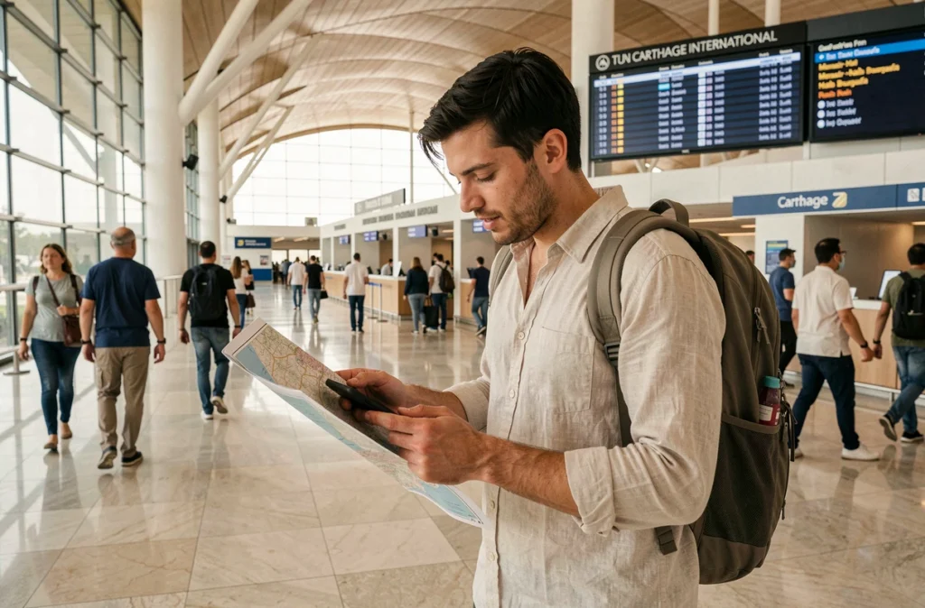 Voyageur consultant une carte dans le hall de l'aéroport de Tunis avant un vol pour Monastir