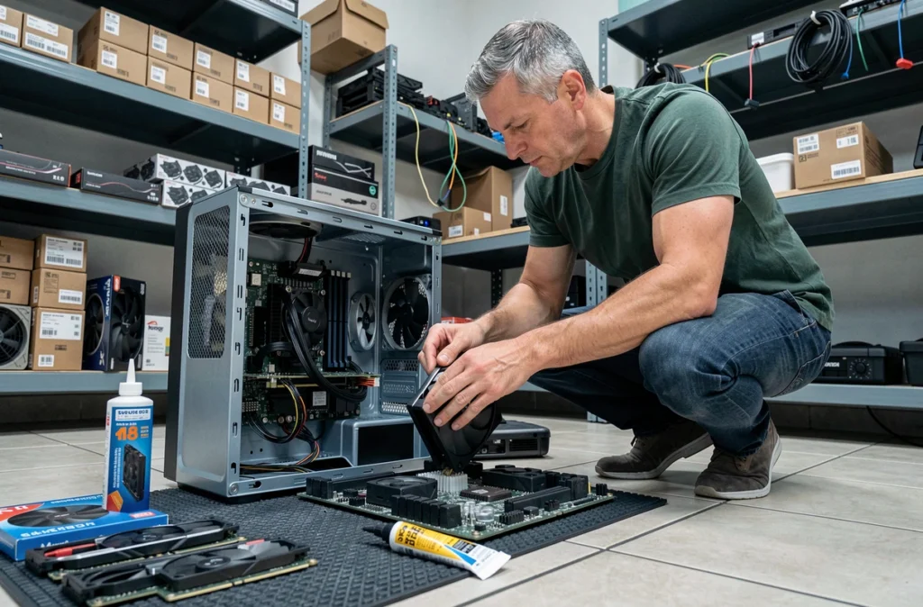 Passionné de PC gaming assemblant un ordinateur sur-mesure avec carte graphique haut de gamme dans un atelier informatique professionnel