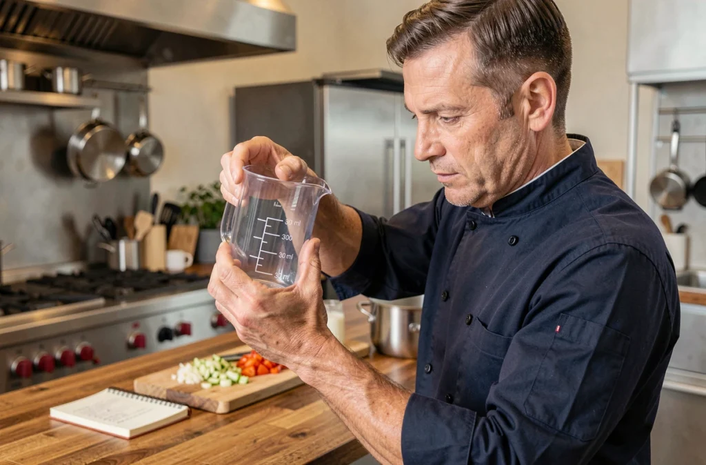 Chef masculin inspectant le repère 300 ml d'un verre doseur en plastique transparent dans une cuisine professionnelle