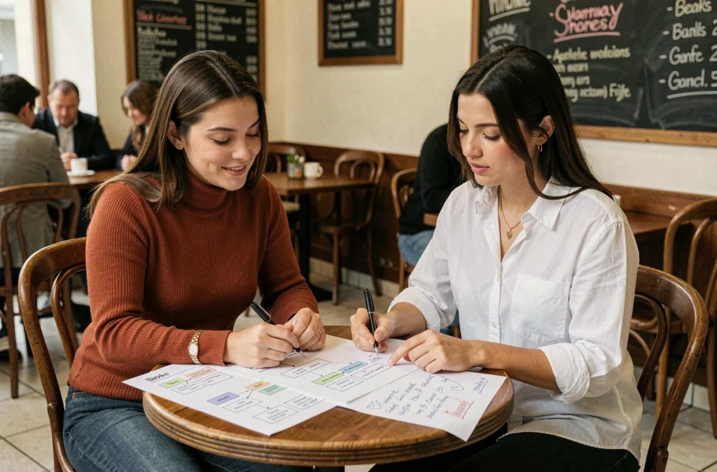 Deux femmes collaborant sur la structure de pages d'un blog autour d'une table de café avec des schémas imprimés