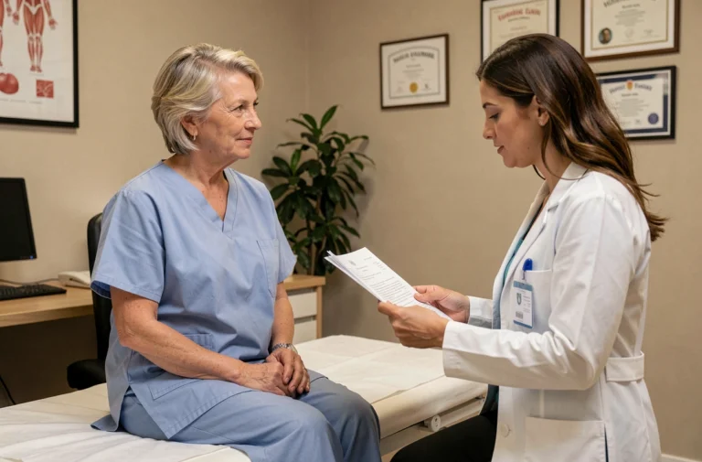 Femme en consultation médicale avec son médecin discutant de la prise en charge à 100% par l'Assurance Maladie pour maladie grave