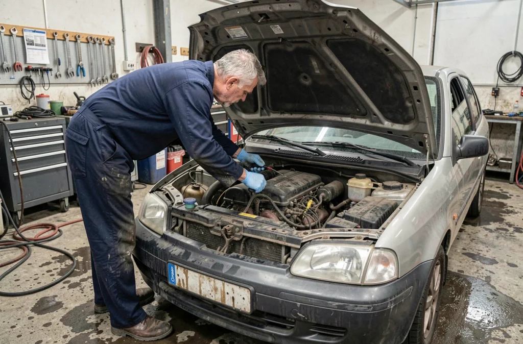 Mécanicien professionnel contrôlant le moteur d'une voiture d'occasion dans un garage