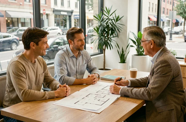 Un couple discutant d'un projet immobilier avec un agent dans une agence moderne