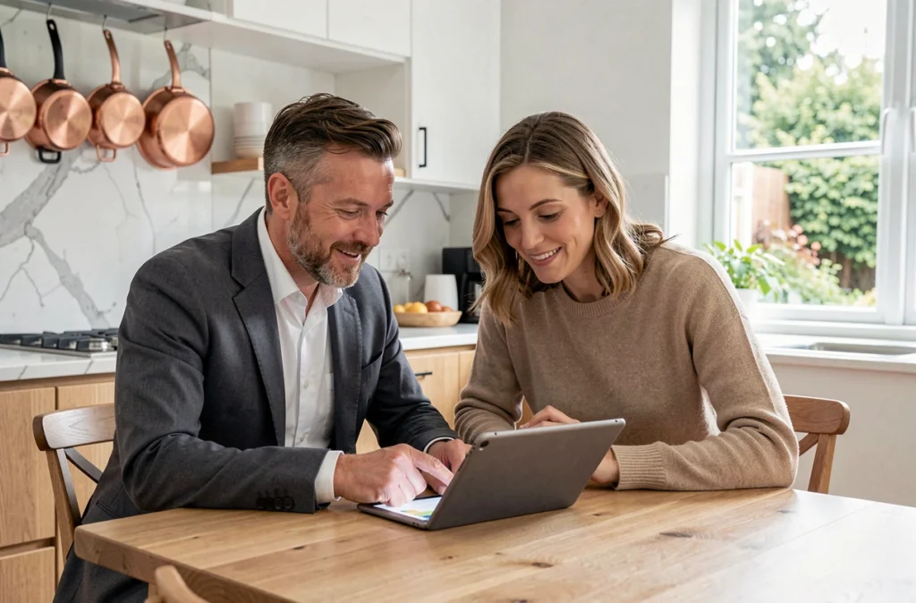 Couple étudiant ensemble une simulation de prêt immobilier sur une tablette dans leur cuisine moderne