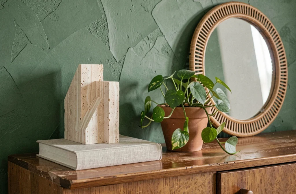 Buffet mid-century décoré de façon tendance avec miroir en rotin, plante pothos et mur en chaux vert foncé