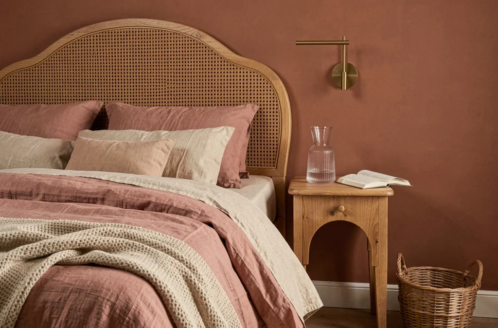 Coin chambre tendance avec tête de lit en rotin, literie en lin terracotta et table de chevet en bois arqué