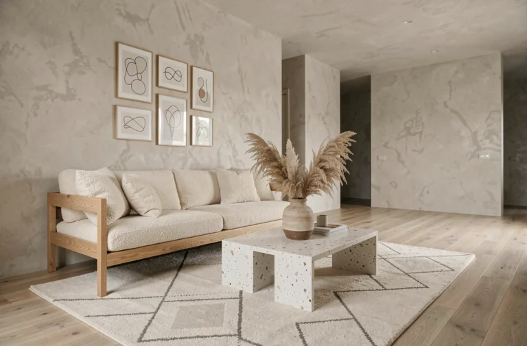 Salon scandinave moderne décoré avec des objets tendance, coussin en bouclé ivoire, vase céramique et mur de cadres en laiton
