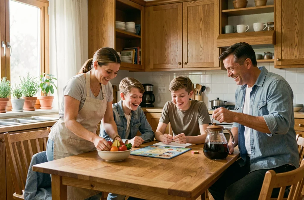 Famille épanouie réunie autour d'une grande table en bois dans une cuisine chaleureuse un dimanche matin
