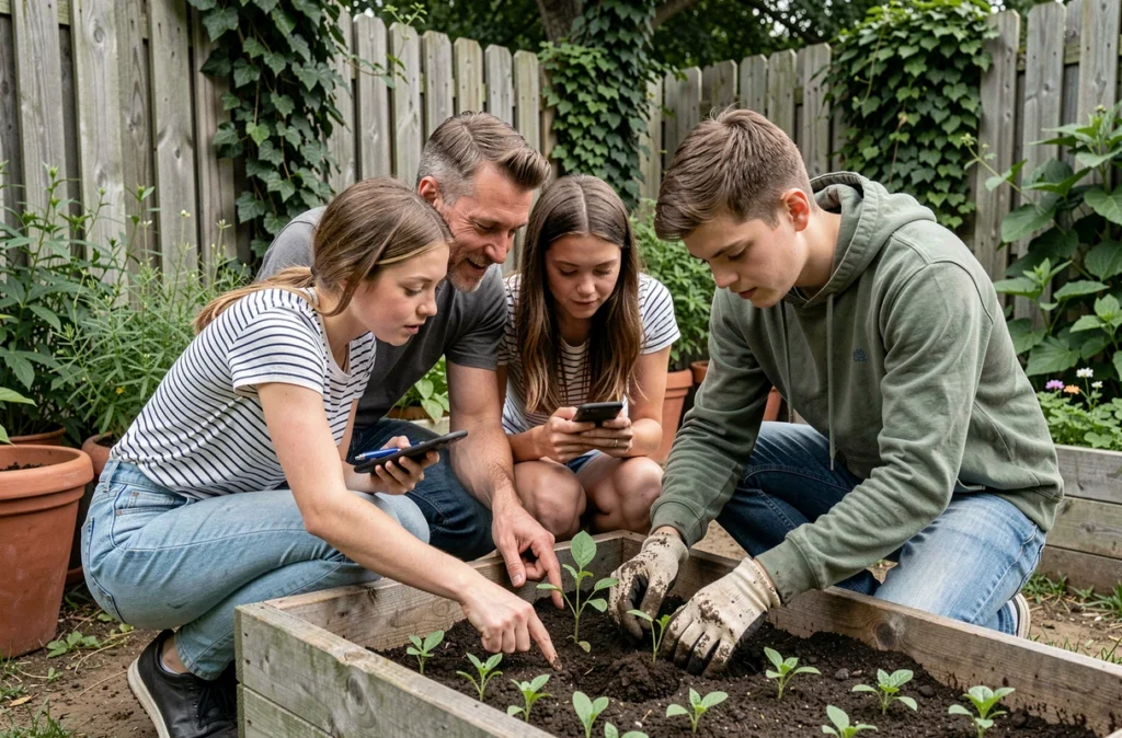 Père et ses enfants adultes jardinent ensemble dans un potager familial lors d'un après-midi de printemps