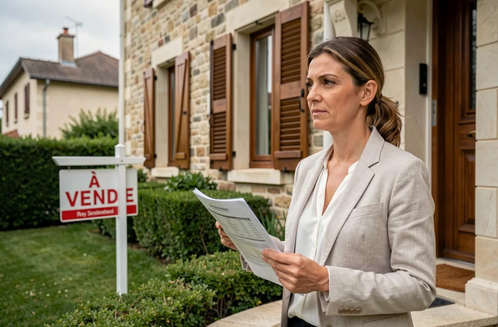 Une femme évaluant une maison à vendre avec panneau immobilier dans le jardin