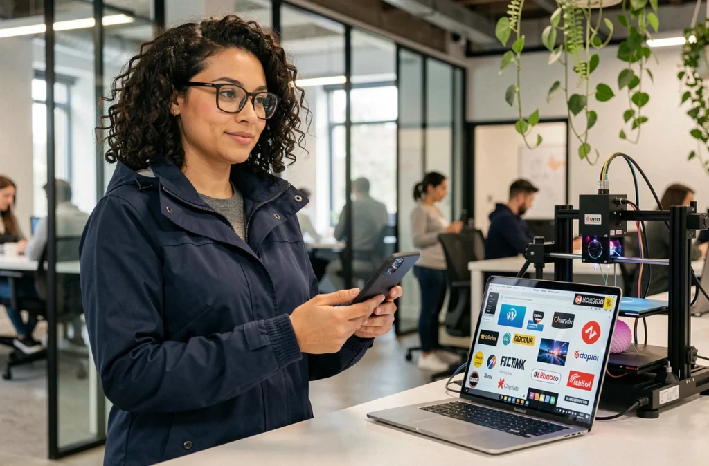 Femme tech-savvy dans un espace de coworking moderne tenant un smartphone pliable avec imprimante 3D et laptop visibles sur le bureau